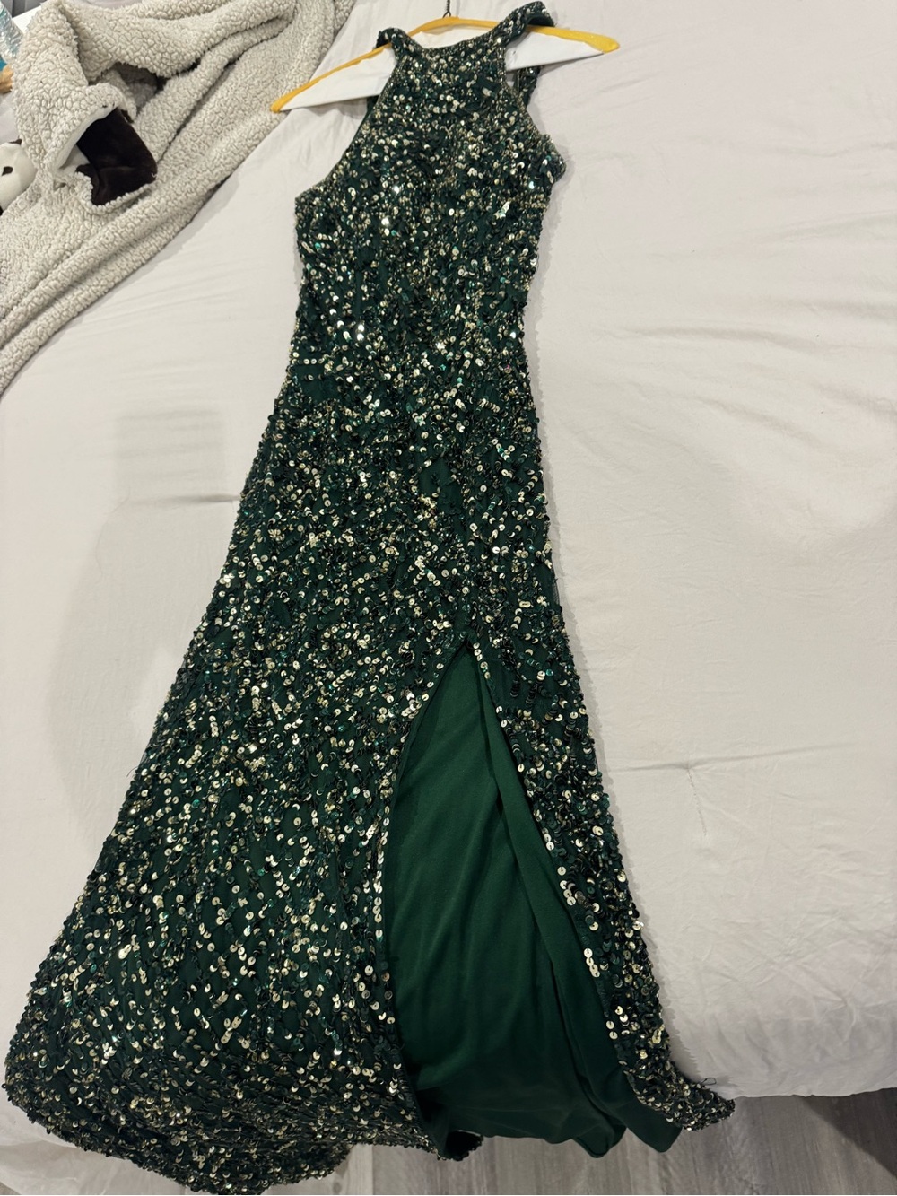 Camille La Vie Emerald Green Sequin Halter Prom Gown